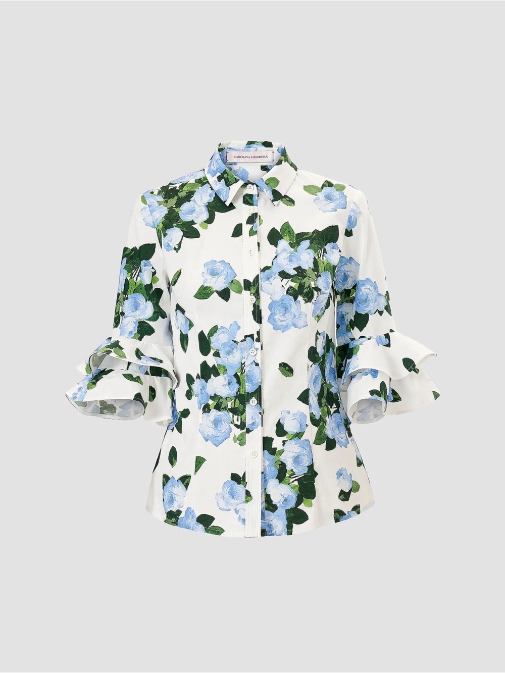CAROLINA HERRERA CABANA FLORAL RUFFLE SLEEVE STRETCH COTTON TOP